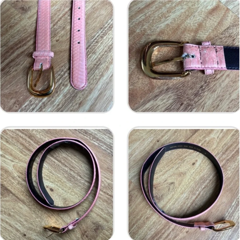 Vtg Pink Genuine Snakeskin Skinny Belt Gold Buckle Large Exotic Reptile Leather